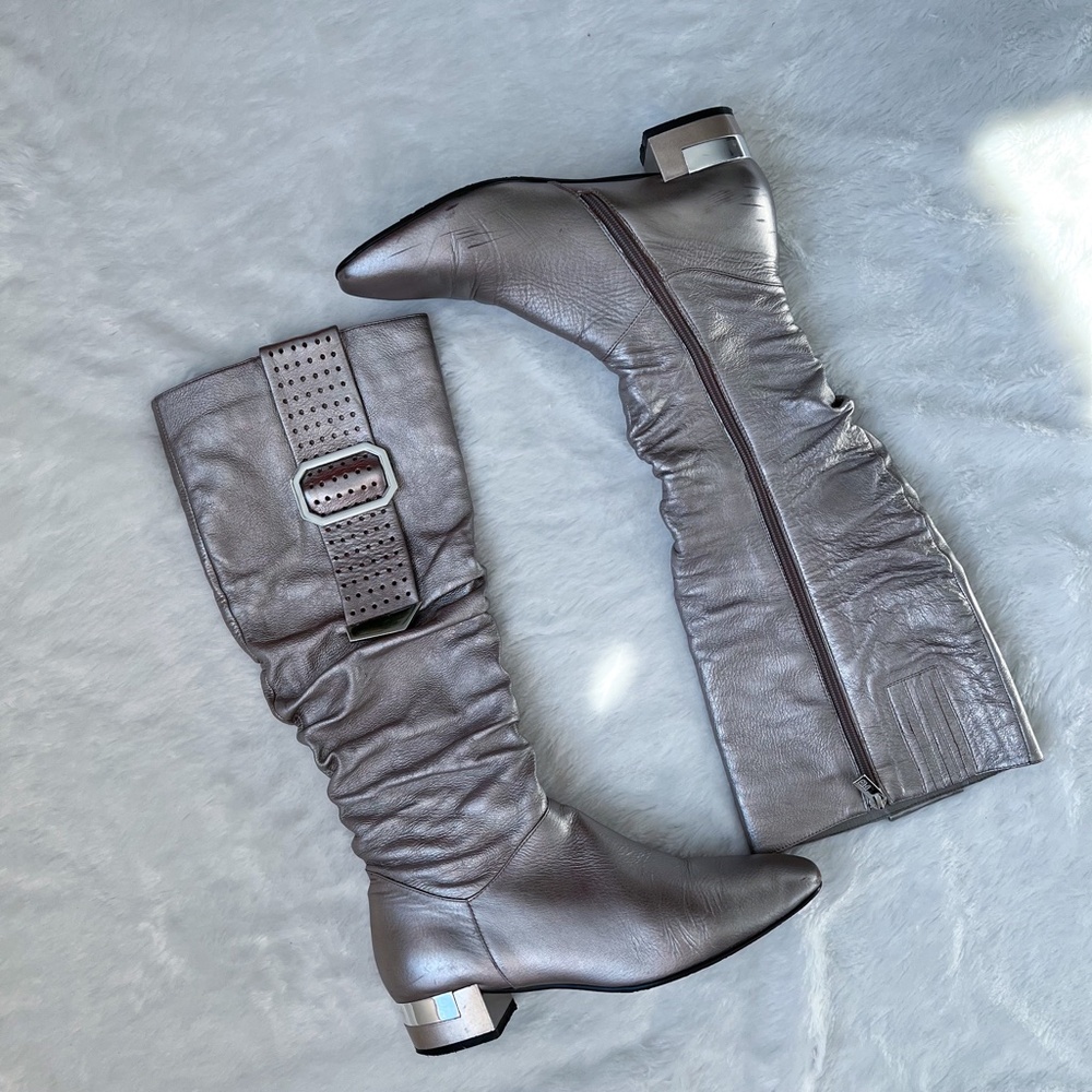 Francesco Donni Metallic Silver Pewter Knee High Flat Leather Boots Lined 41EU
